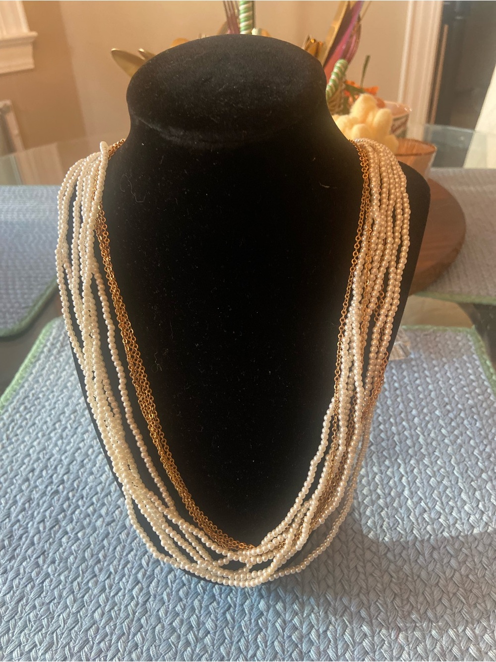 Multi-Strand White Pearl and Gold Chain Necklace - Women's Jewelry